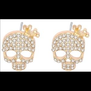 Crystal Skull Skeleton Earrings Gold Tone Jewelry